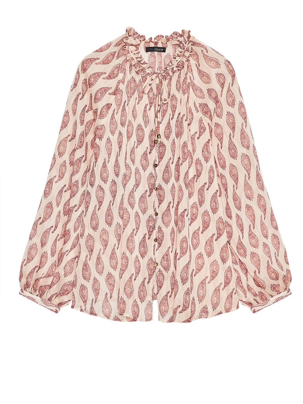 Zara Cream Blouse with Pink Paisley Ruffle Tie-Neck
